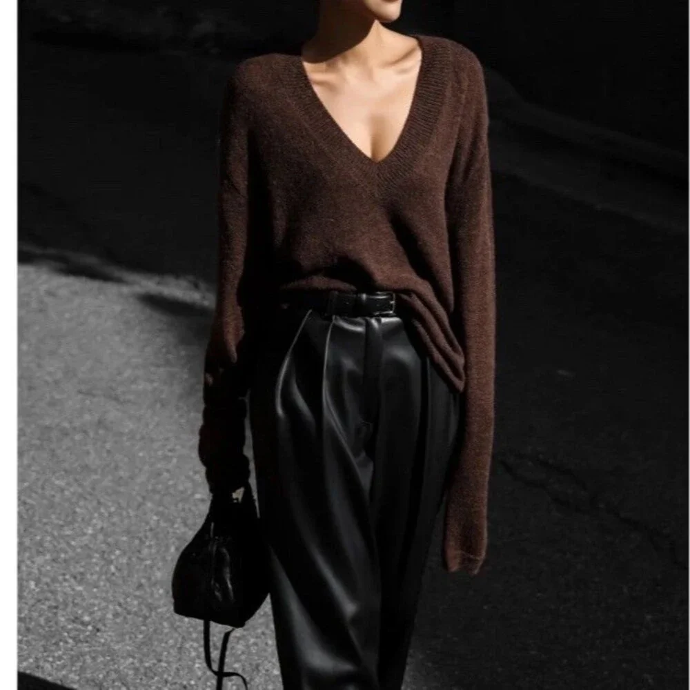 The Frankie Shop Oversized Brown V Neck Sweater Alpaca Wool Blend XS/S
